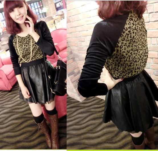 Fashion women's 2013 spring gold leopard print velvet patchwork leather short skirt long-sleeve dress