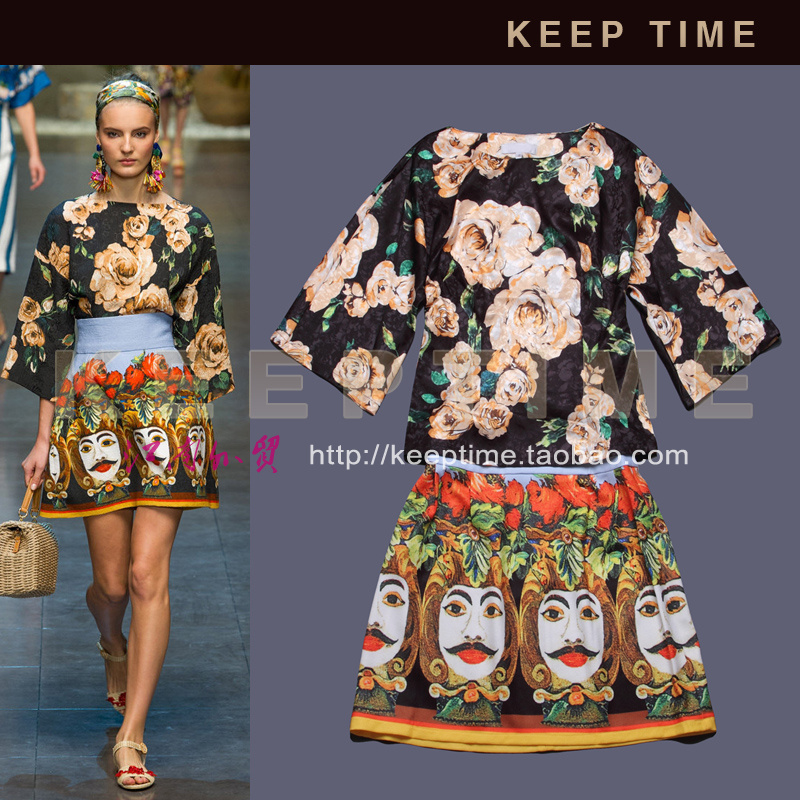 Fashion women's 2013 t honorable bronzing flower spring and summer tunic top twinset half-skirt