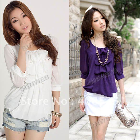 Fashion Women's Autumn Half Sleeve Crew Neck Wave Style Chiffon Shirt Blouse Free Shipping 7202