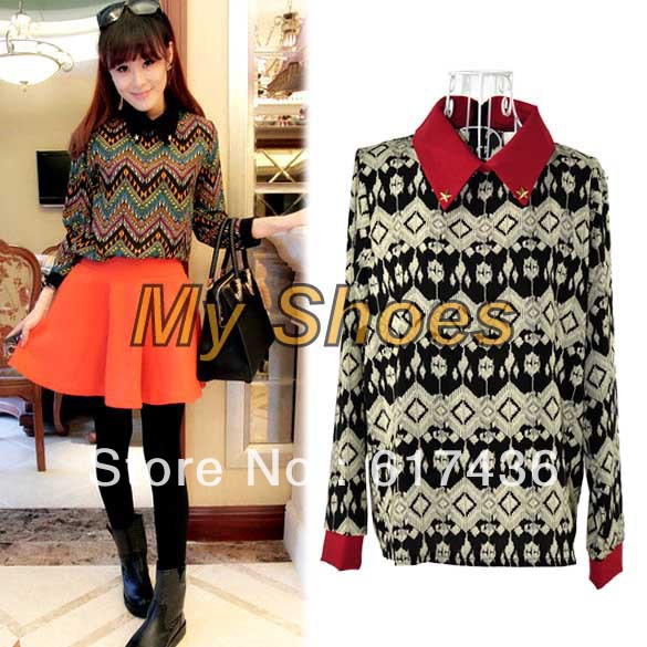 Fashion Women's Casual Collar Chiffon Blouse Long Sleeve T-Shirt Tops 2 Colors free shipping 9093