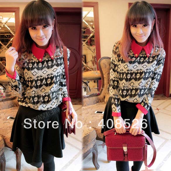 Fashion Women's Casual Collar Chiffon Blouse Long Sleeve T-Shirt Tops 2 Colors free shipping 9093