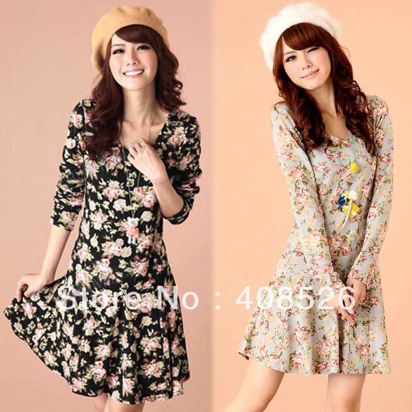 Fashion Women's Casual Flower Pattern Slim Round collar Long Sleeve Dress Black, Light Blue free shipping 9071