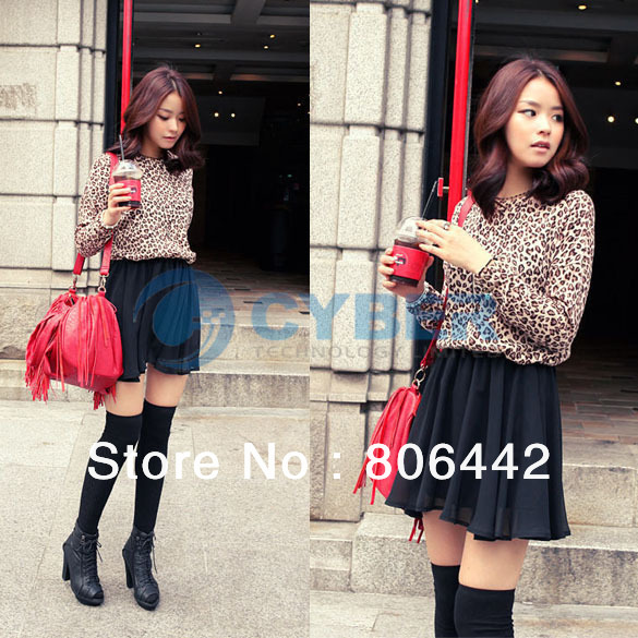 Fashion Women's Casual Long Sleeve Leopard Patchwork Matching Pleated Skirt Chiffon Dress Free Shipping 9793