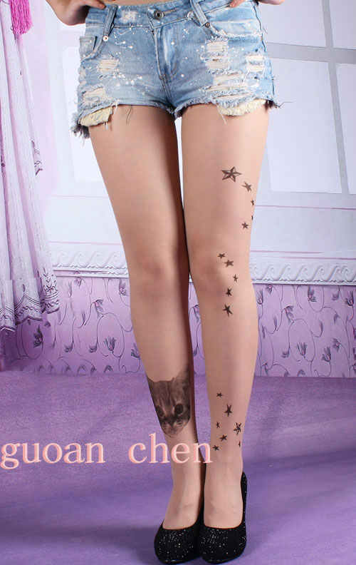 Fashion Women's Cat&Star Transparent Tattos Tights Leggings Pantyhose Stocking