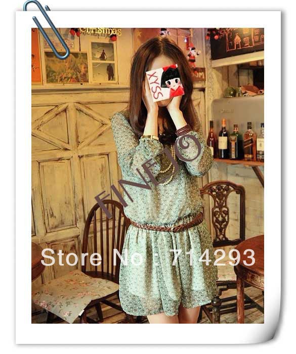 Fashion Women's Crew-Neck Long Sleeve Chiffon Dress Mini Dress Without Belt  Free shipping 2834