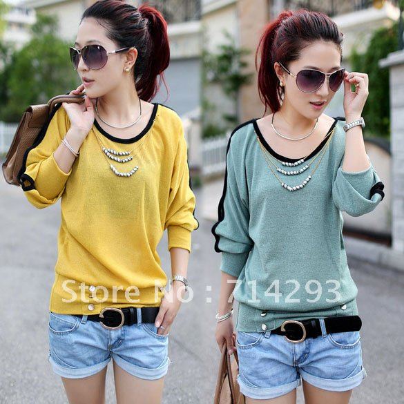 Fashion Women's Crew Neck Loose Dolman Sleeved Shirt T-Shirt Top Blouses 6 Colors free shipping 8027
