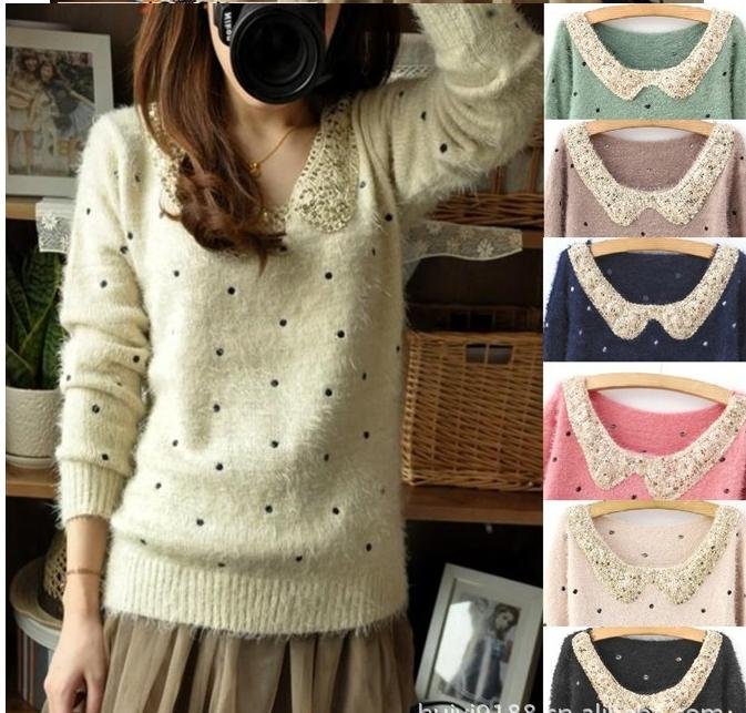 Fashion women's cute peter pan collar paillette slim vintga knit sweater/lady sweater/knitting sweater 6 colors 56043