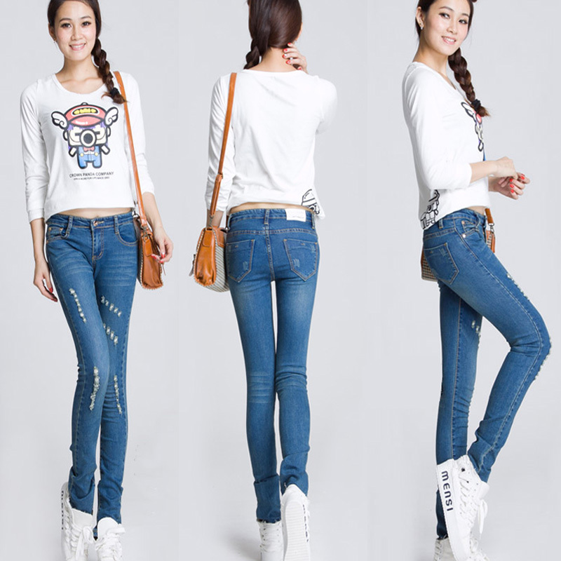 Fashion women's elastic middle waist casual distrressed jeans, lady's denim jeans, pencil pants, free shipping, W152