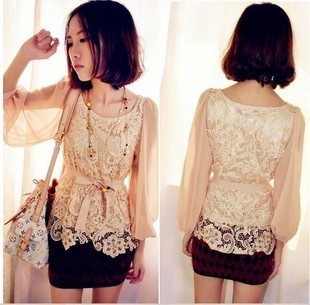Fashion women's elegant sweet cutout lace shirt chiffon shirt top