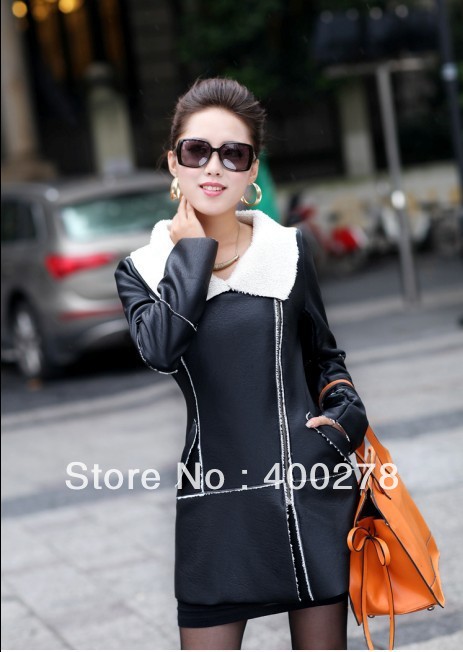 Fashion Women's  Fleece Leather Medium style  Fur Clothing Turn-down Collar Outerwear  ladies' jacket Free shipping  8566