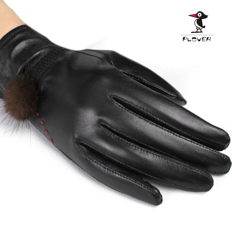 Fashion women's genuine leather gloves mink hair sheepskin gloves autumn and winter thin