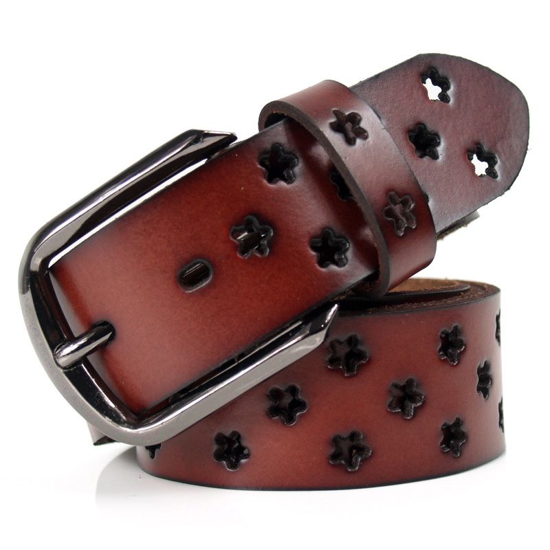Fashion women's genuine leather strap vintage cutout flower casual pin buckle genuine leather waist of trousers belt brown