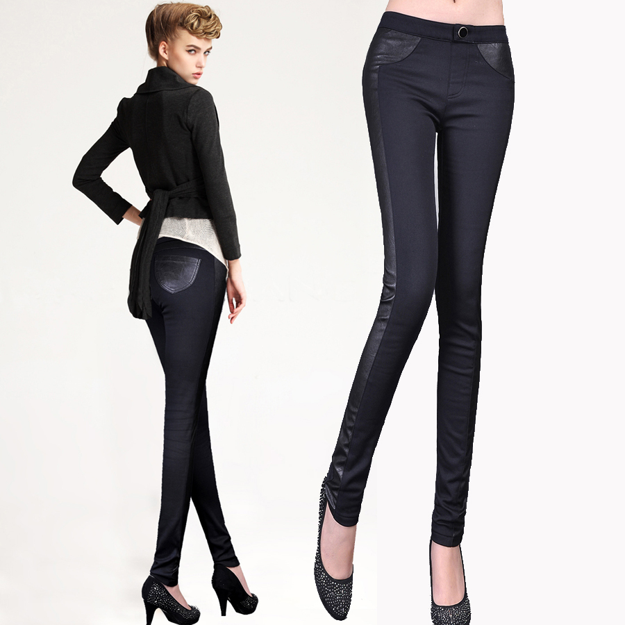 Fashion women's high waist PU plus velvet patchwork leather pants casual trousers legging pencil pants skinny pants