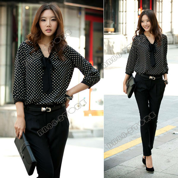 Fashion Women's Ladies Black Polka Dot Bowknot Casual Chiffon Shirt Stylish Tops Long Sleeve Blouse Size S Free Shipping 0014