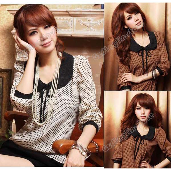 Fashion Women's Ladies Clothing Long Sleeve Polka Dot Chiffon Casual Shirt Tops Blouse Size S Coffee Beige Free Shipping 0175