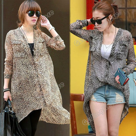 Fashion Women's Ladies Korean Summer Casual Chiffon Long Sleeve Leopard Pockets Tops Blouses Shirt Size S Free Shipping 0463