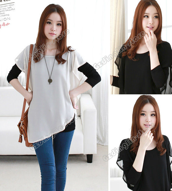 Fashion Women's Ladies Long Sleeve Crew Neck Cotton Chiffon Casual Blouse Tops T-Shirt White Black Size S Free Shipping 0721