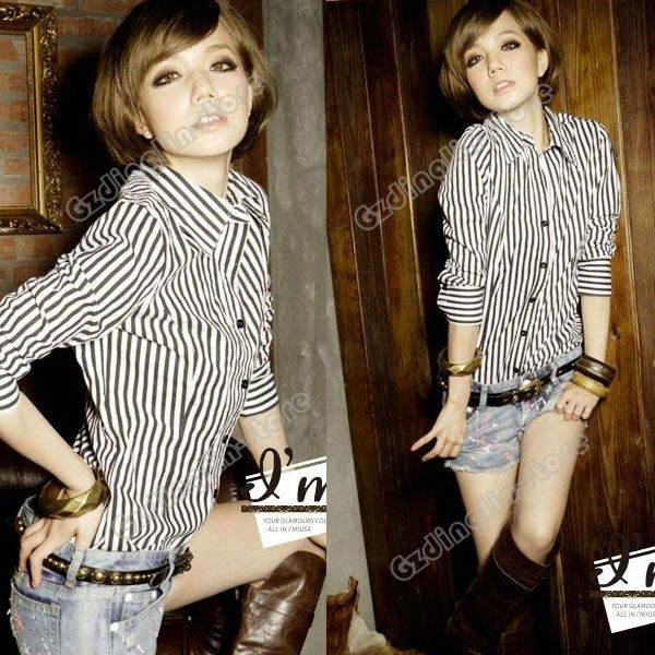 Fashion Women's Ladies Long Sleeve Retro Classics Vintga Zebra Stripes Casual Blouse Tops Shirt Size S Free Shipping 0702