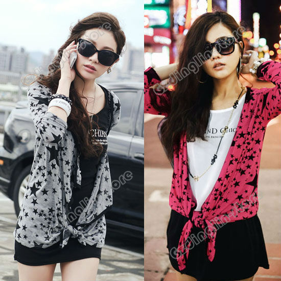 Fashion Women's Ladies Long Sleeve Stars Pattern Print Cotton Blend Casual Tops Blouse Cardigan Jacket Size S Free Shipping 0652