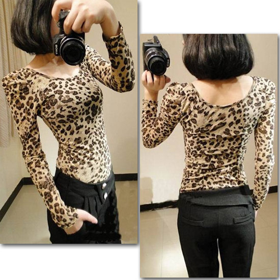 Fashion Women's Ladies Sexy Leopard Prints Long Sleeve Tops Slim Skinny T-Shirt Blouses Bottoming Shirt Free Shipping 0151