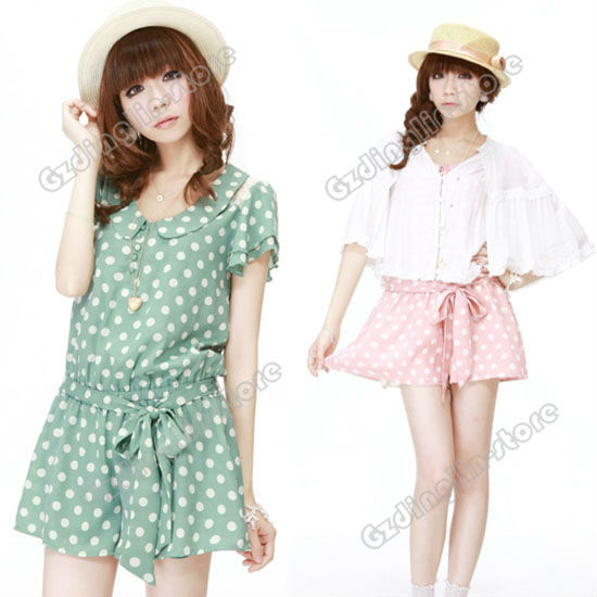 Fashion Women's Ladies Short Sleeve Casual Suit Dots Polka Pants Jumpsuit Rompers Tops Blouses Pink Green Free Shipping 0488