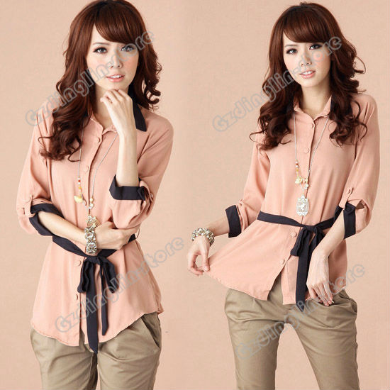 Fashion Women's Ladies Sweet Long Sleeve Temperament Casual Chiffon Shirt Tops Blouse Solid Color Pink Size S Free Shipping 0682