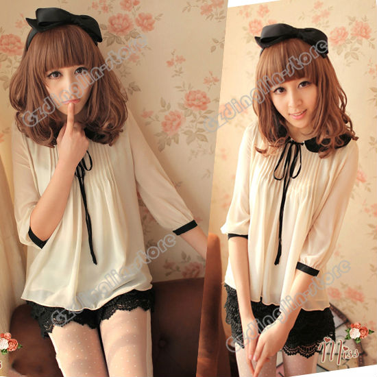 Fashion Women's Ladies Sweet Short Sleeve Lapel Bowknot Casual Chiffon Shirt Tops Blouse S Size White Free Shipping 0306