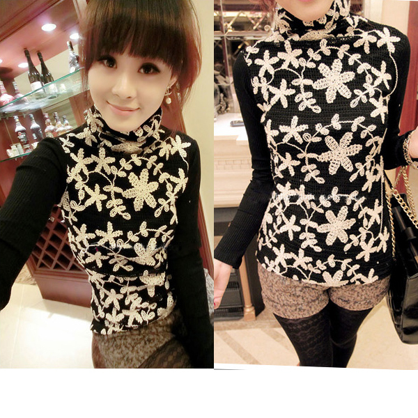 Fashion Women's Ladies Turtle Neck Black Flower Knitting Shirt Sweater Knitwear Long Sleeve