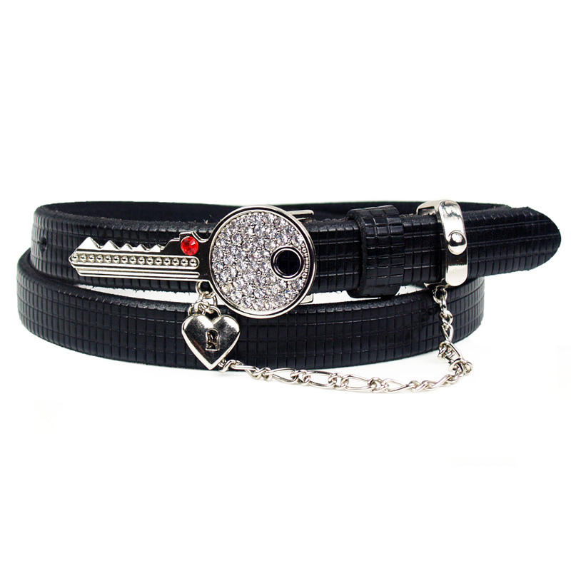 Fashion women's leather strap all-match tassel rhinestone love genuine leather belt black