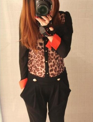 Fashion women's leopard blouse Denim Chiffon tops new sexy panther autumn shirt