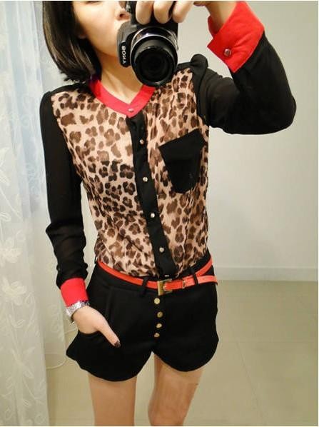 Fashion women's leopard blouse Denim Chiffon tops new sexy panther autumn shirt
