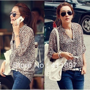 Fashion Women's Leopard print Shirt Long Sleeve Button Down Blouse Chiffon Tops Free Shipping