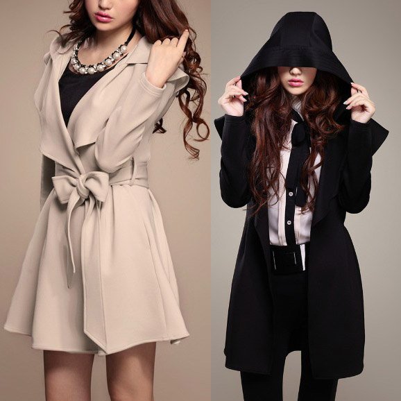 Fashion Women's long design Trench Dust coat with a hood Thick windbreaker Khaki/Black M-L WT0006 Free shipping
