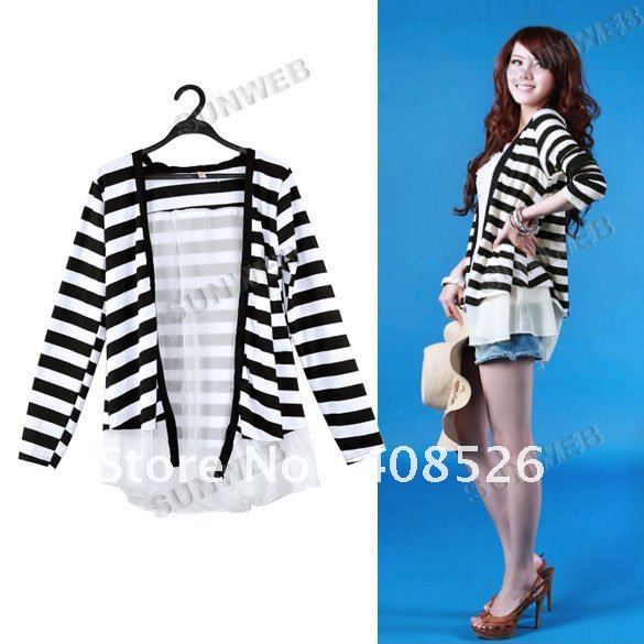 Fashion Women's Long Sleeve Cardigan Stripe Coat Chiffon Cotton Jacket Outerwear Free Shipping 4937