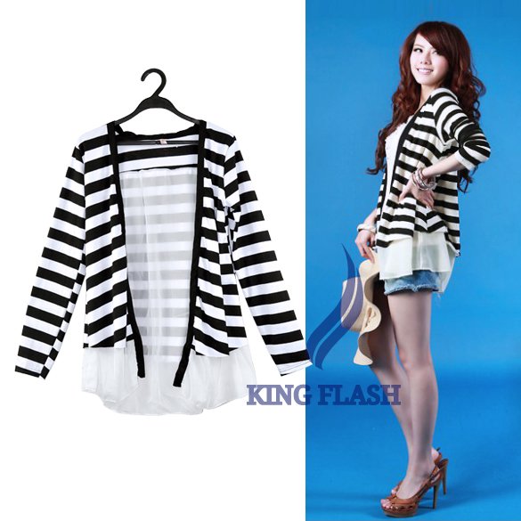 Fashion Women's Long Sleeve Cardigan Stripe Coat Chiffon Cotton Jacket Outerwear Free Shipping 4937