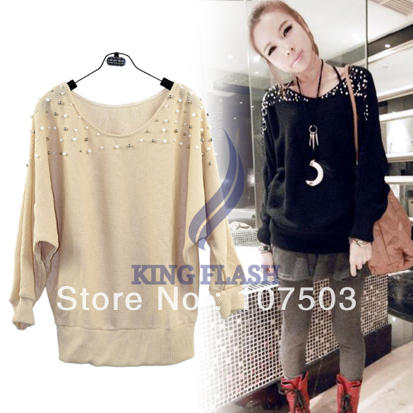 Fashion Women's Long Sleeve Pearl Knit Sweater Jacket Coat Black, Apricot Free Shipping7192