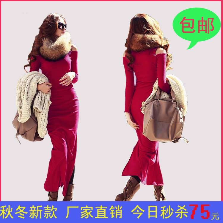 Fashion women's long-sleeve turtleneck one-piece dress slim hip placketing basic mop full dress