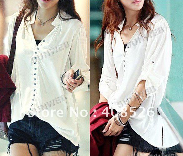 Fashion Women's Long Sleeve V-Neck Many Buttons Casual Shirts Loose Blouse Free Shipping 4932