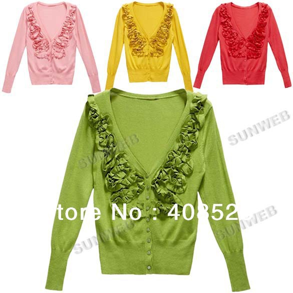 Fashion Women's Long Sleeve v neck Slim Flower Pattern Knited Cardigan Sweater Coat Tops Free shipping 9263