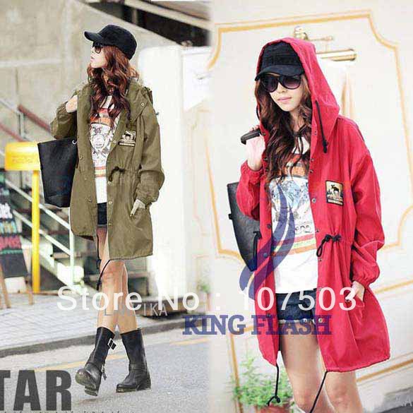 Fashion Women's Loose Long Sleeve Mid-Length Long Hooded Trench Coat Outwear Thin Style Free shipping 8028