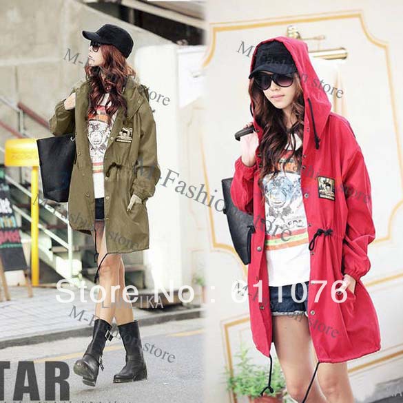 Fashion Women's Loose Long Sleeve Mid-Length Long Hooded Trench Coat Outwear Thin Style Free shipping 8028