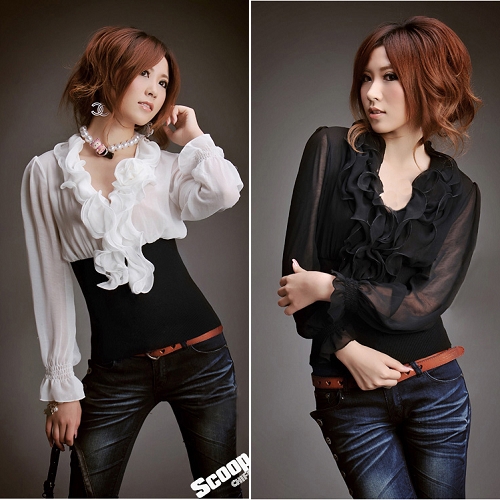 Fashion Women's Lotus Leaf Collar Lantern Sleeve Splicing Color Shirt Tops 1450 [29919|99|01]