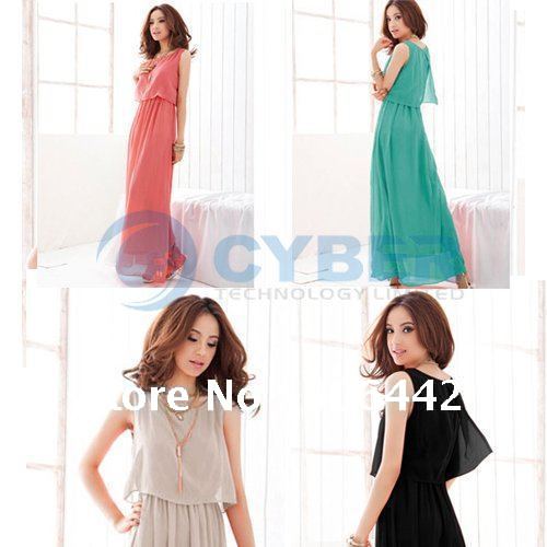 Fashion Women's Princess Bohenmia Style Pleated Wave Lace Strap Chiffon Maxi Long Dress 3Sizes Free Shipping