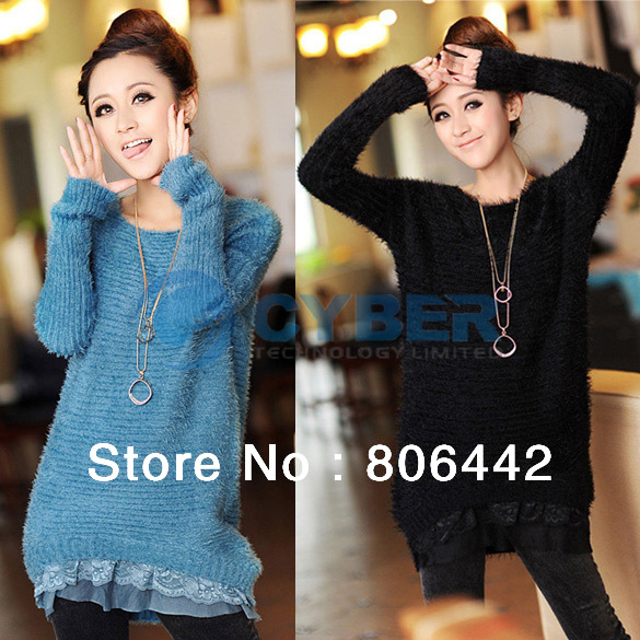 Fashion Women's Pullover Sweet Lace Detail Hem Long Sleeve Knitted Sweater Top 4 Colors Free Shipping 9102