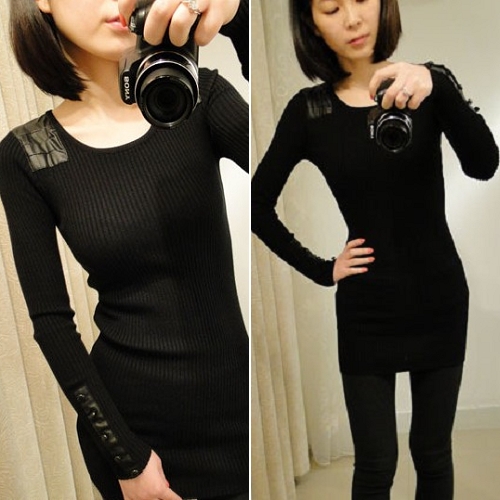 Fashion Women's Round Neck Splicing Leather Bottoming Knitted Shirt Tops 922 [25405|01|01]