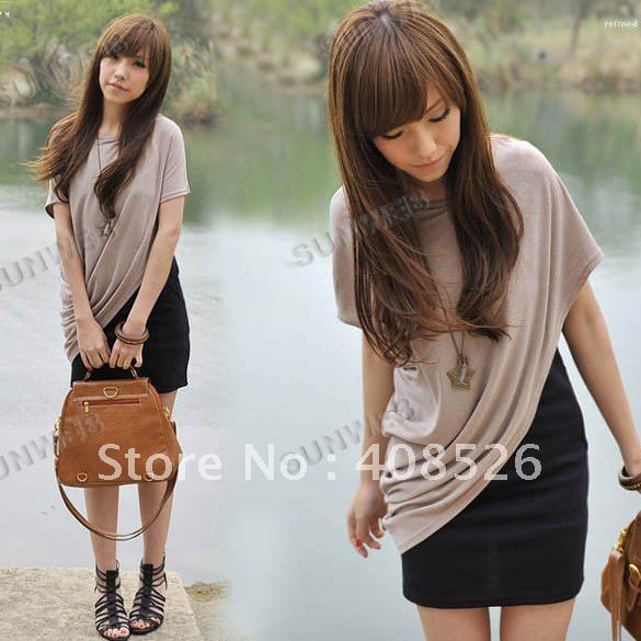 Fashion Women's Short Batwing Sleeve T-Shirt Two-Piece Casual Cotton Blends Mini Dress Free Shipping (Drop shipping support)2861