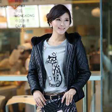Fashion women's short design with a hood wadded jacket quality water washed leather outerwear