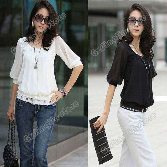 Fashion Women's Short Sleeve Crew Neck Casual Chiffon Tops Blouses Shirt Solid White Black Size XS S M Free Shipping 0438