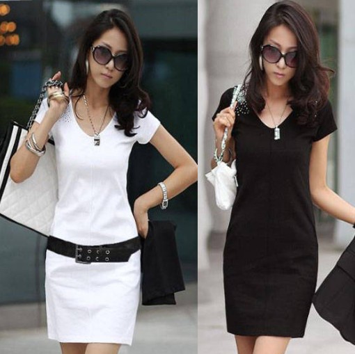 Fashion Women's Short Sleeve V-neck Slim Cotton Dress Size M,L 1320 Free Shipping