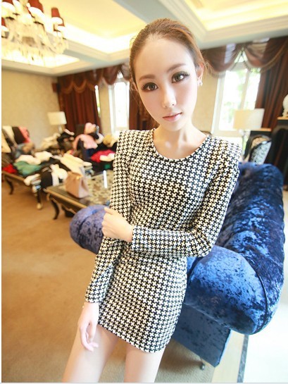 fashion women's shoulder pads houndstooth slim hip long-sleeve basic sexy one-piece dress